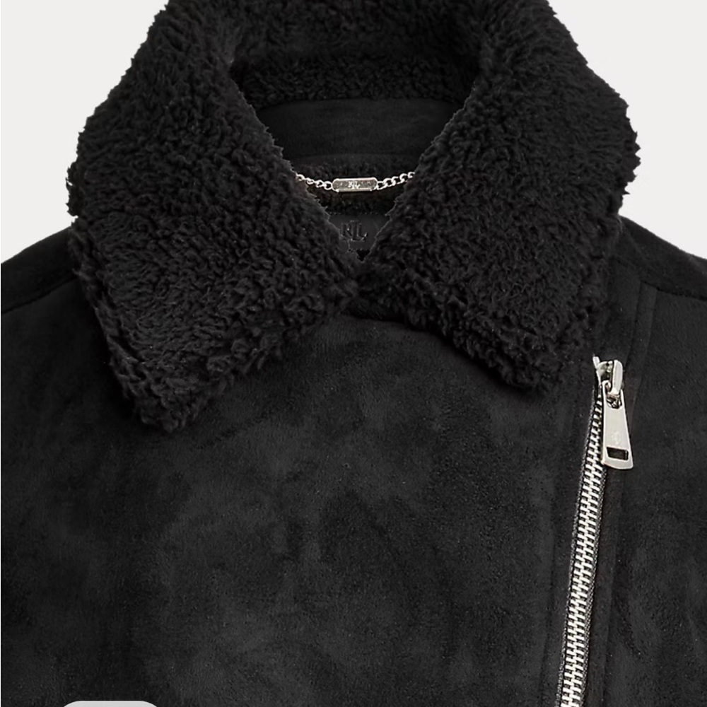 Lauren Ralph Lauren Black Shearling Moto Vest with Silver Chain Detail - Picture 4 of 12